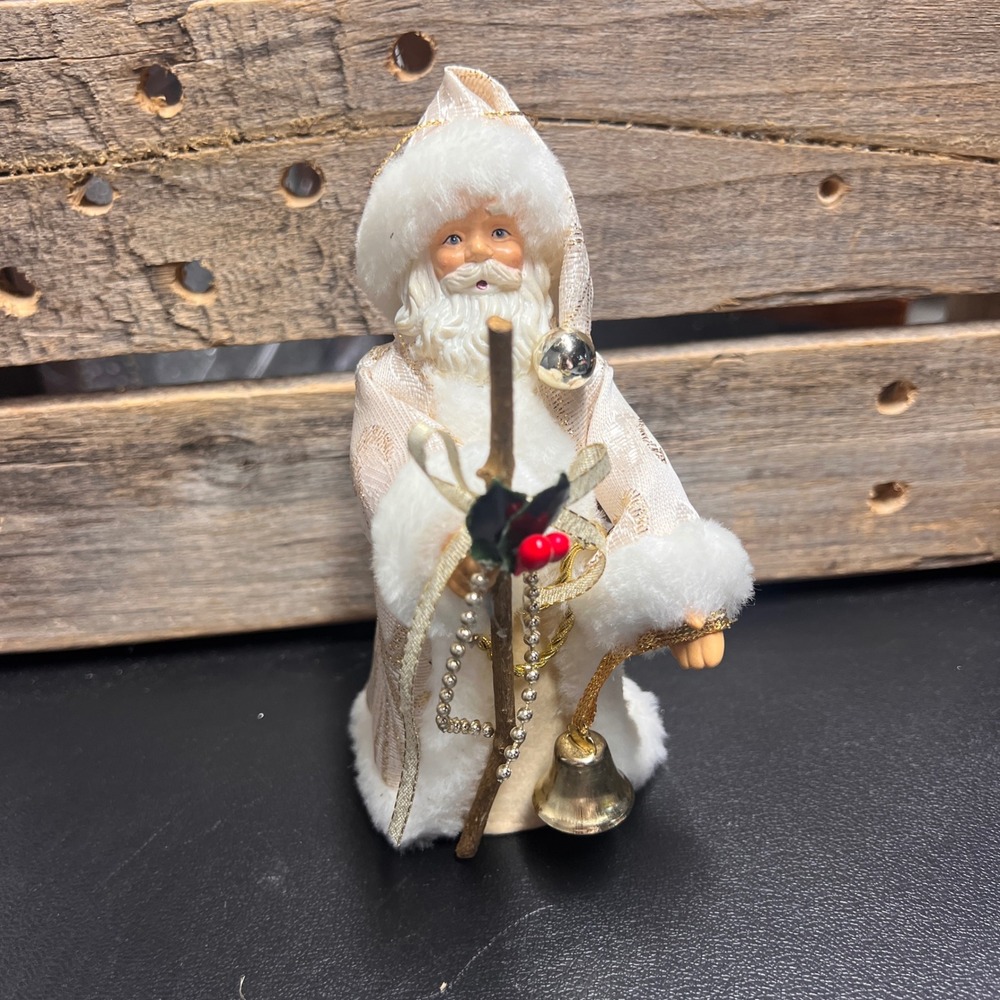 Vintage Style Cream Gold Brocade Santa Claus Figurine with Staff and Bell 7 Inch